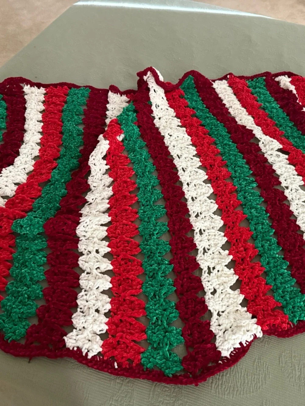 Handmade Crochet Throw Blanket in Red, Green & White